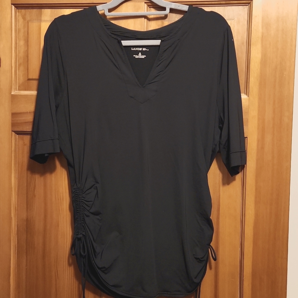 LANDS END Stretch Short Sleeve Black Top with adjustable side ties
